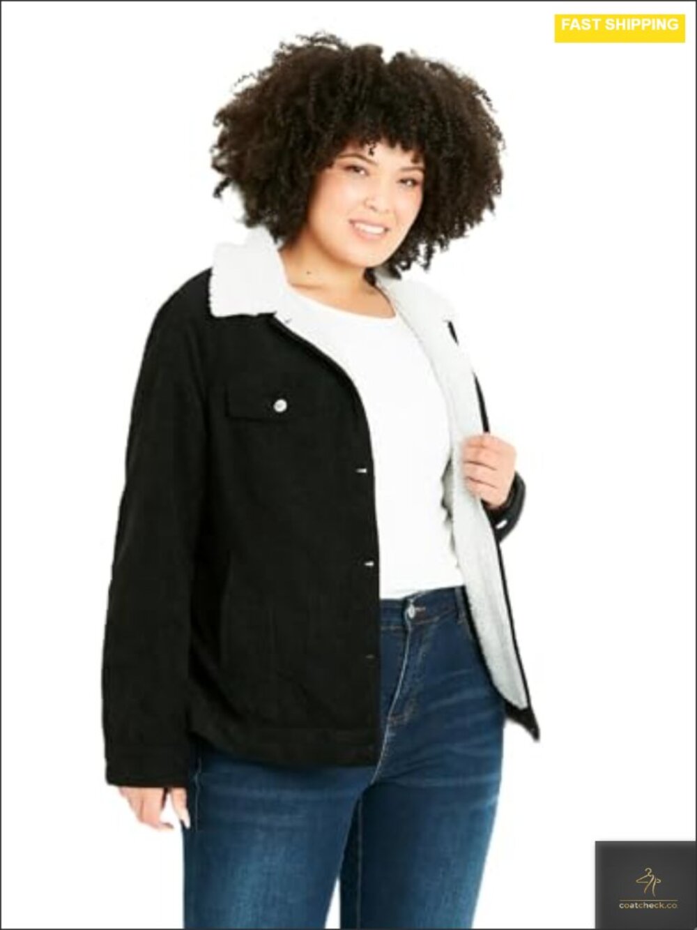 Plus Size Corduroy Jacket Faux Shearling Collar Lining Button Up